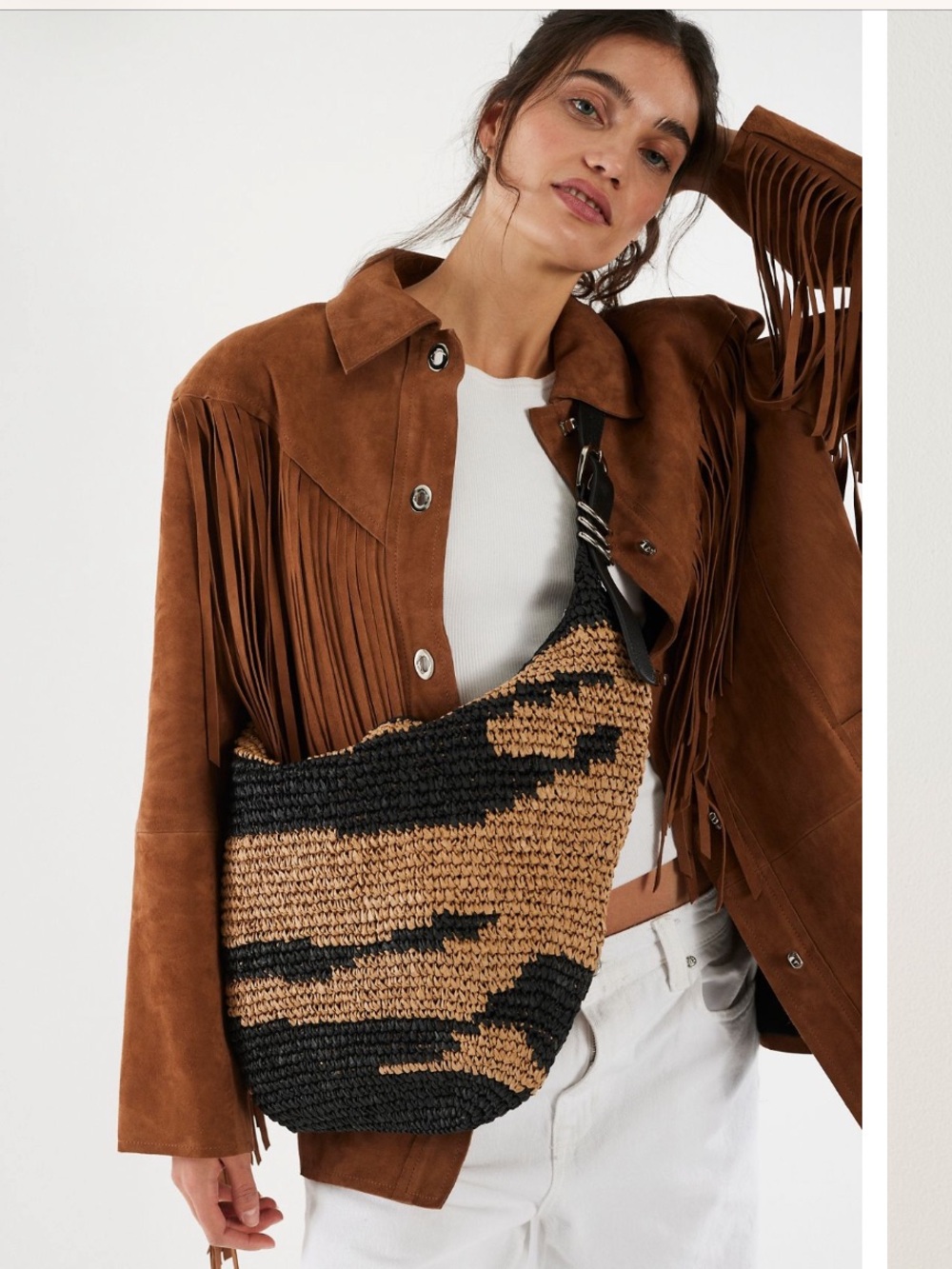 Free People Santorini straw tote bag slouchy black tan zipper raffia - Picture 5 of 11
